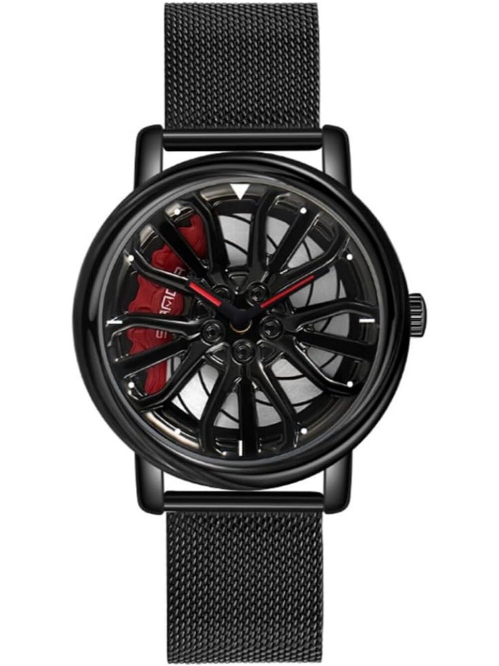 Men's Black Mesh 3D Spinning Car Wheel Rotating Stainless Steel Strap Watches